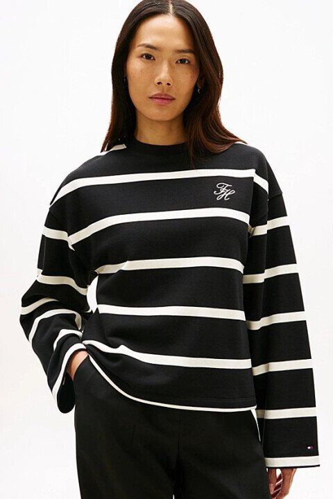 Kadın Çizgili Logo Nakışlı Sweatshirt - Siyah 