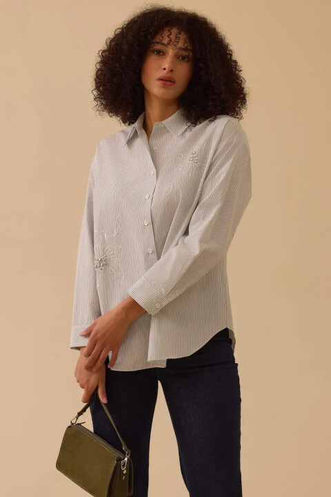 Kadın Çizgili Taş Detaylı Gömlek - Yeşil - Seçil