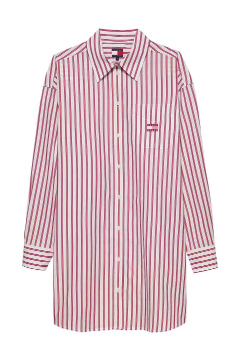 Kadın Çizgili Uzun Kollu Gömlek Elbise - Pembe Ekru 