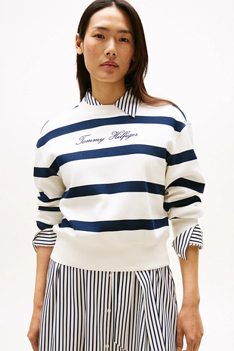 Kadın Çizgili ve Yazı Nakışlı Sweatshirt - Ekru/Lacivert 