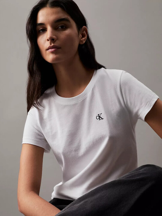 Kadın Ck İşlemeli Slim T-Shirt - Beyaz - Calvin Klein