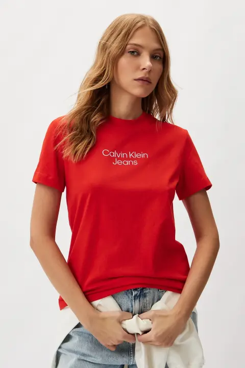 Kadın Ckj Marka Logolu Bisiklet Yaka T-Shirt - Kırmızı 