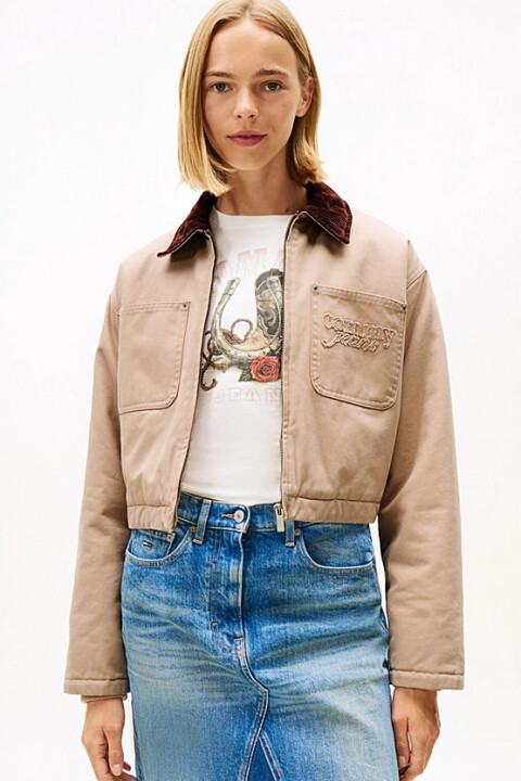 Kadın Crop Coach Kadife Yaka Detaylı Ceket - Bej - Tommy Hilfiger