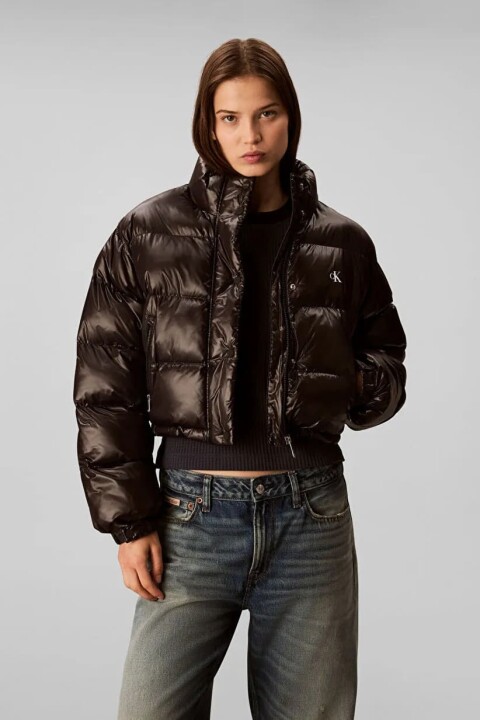 Kadın Crop Dik Yaka Parlak Şişme Mont - Siyah - Calvin Klein