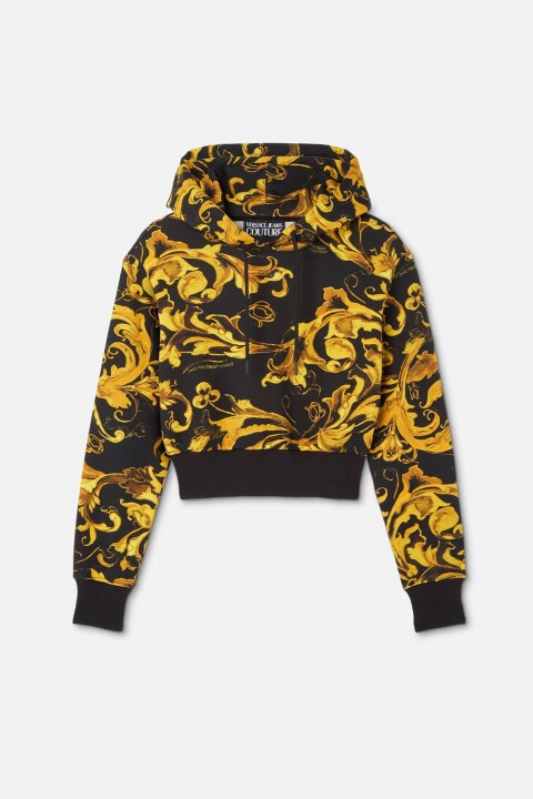 Kadın Crop Fit Barok Desenli Kapüşonlu Sweatshirt - Siyah/Gold - Versace