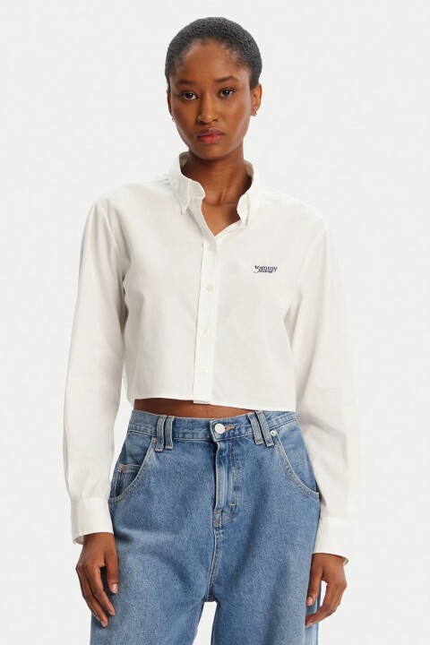 Kadın Cropped Kesim Düğmeli Yaka Poplin Gömlek - Ekru 
