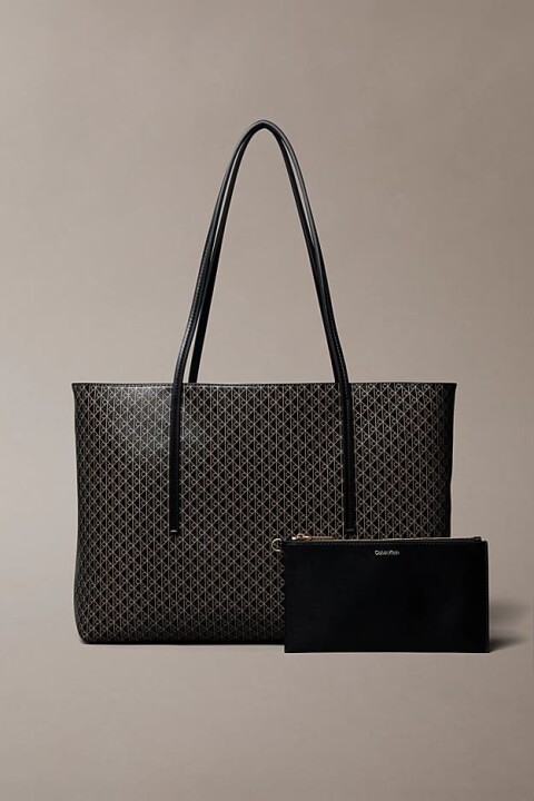 Kadın Cüzdanlı Monogram Desenli Tote Omuz Çantası - Siyah 