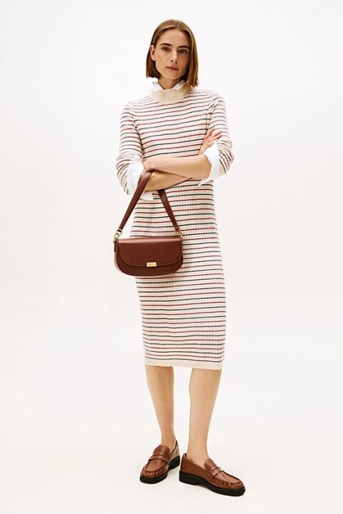 Kadın Dar Kalıp Çizgili Kaşmir Karışımlı Triko Elbise - Çok Renkli - Tommy Hilfiger