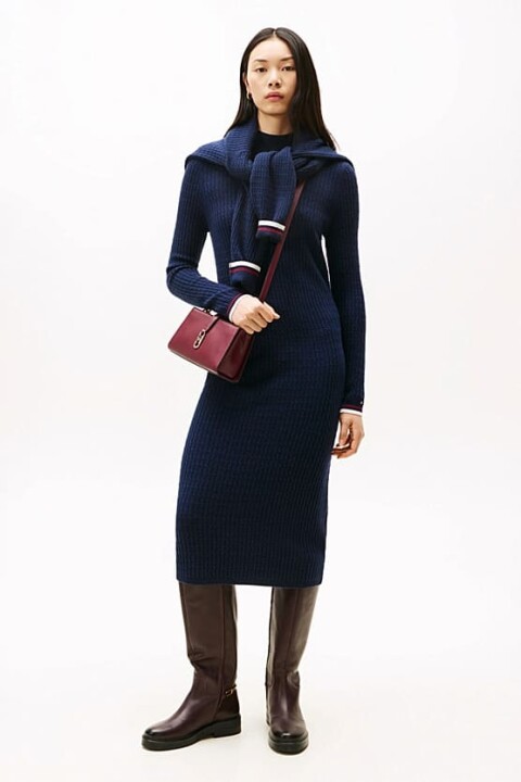 Kadın Dar Kalıp Saç Örgü Kaşmir Karışımlı Triko Elbise - Lacivert - Tommy Hilfiger