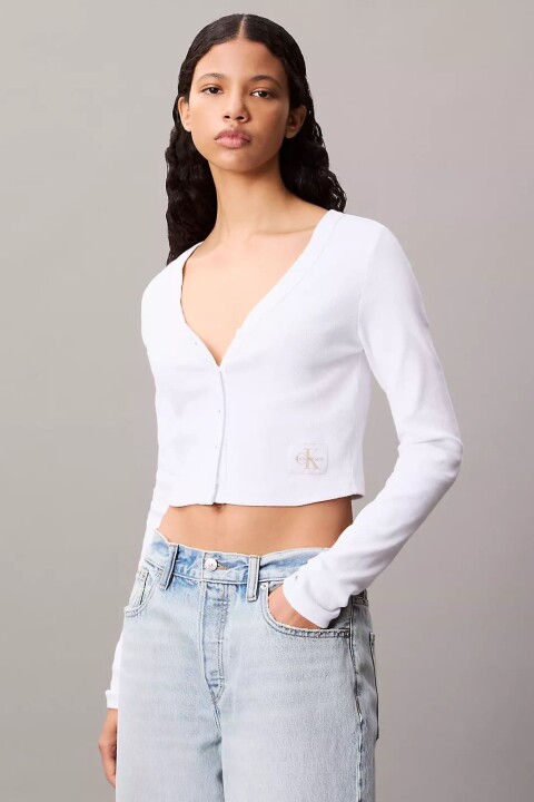 Kadın Dar Kalıp V Yaka Crop Hırka - Beyaz - Calvin Klein