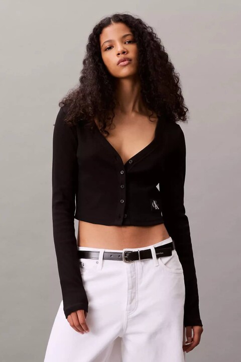 Kadın Dar Kalıp V Yaka Crop Hırka - Siyah - Calvin Klein