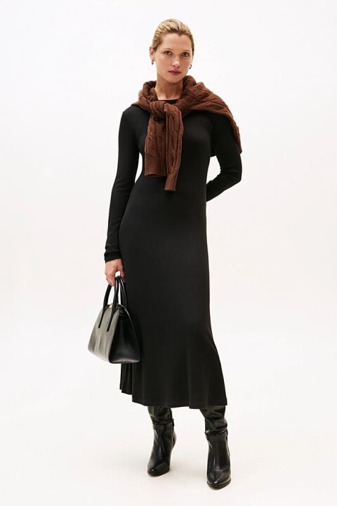 Kadın Dar Kesim Fitilli Eteği Çan Midi Elbise - Siyah - Tommy Hilfiger