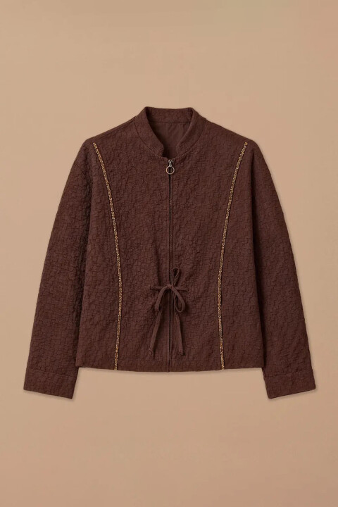 Kadın Desenli Fermuarlı Gofre Ceket - Kahverengi - Seçil