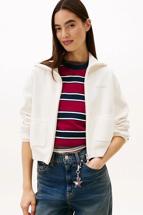 Kadın Dikiş Detaylı Fermuarlı Hırka - Ekru - Tommy Hilfiger