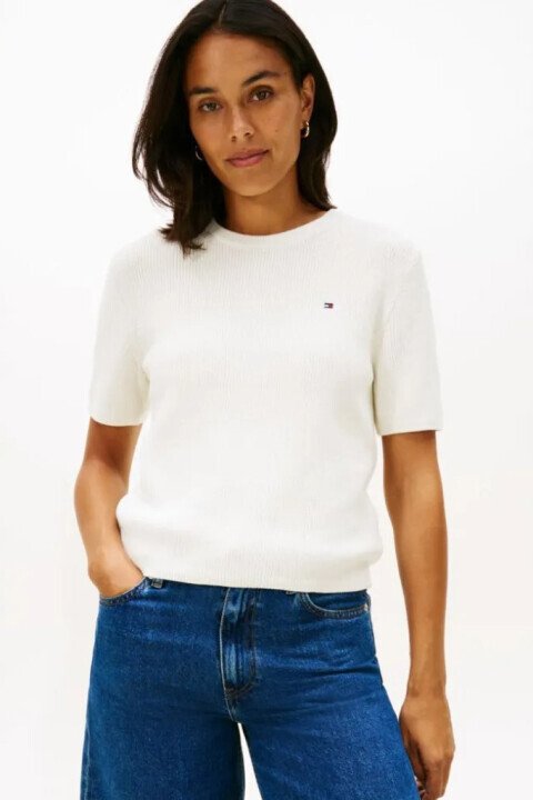 Kadın Dokulu Kısa Kollu Triko T-Shirt- Ekru - Tommy Hilfiger