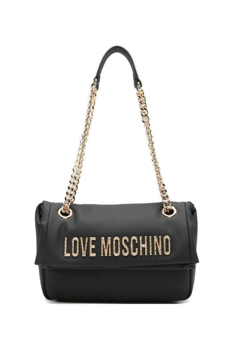 Kadın Dövme Logolu Zincir Askılı Kapaklı Omuz Çantası - Siyah - Love Moschino
