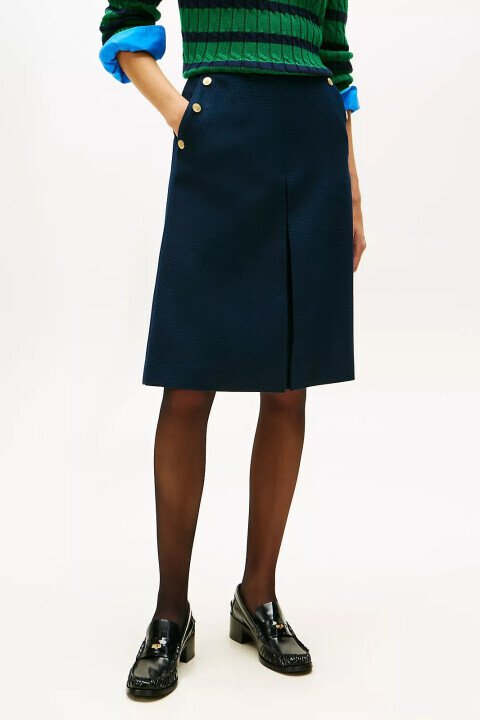 Kadın Düğme Detaylı Dokulu Yün Karışımlı Etek - Lacivert 