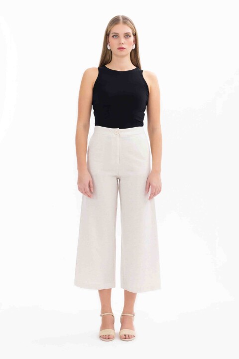 Kadın Düğmeli Geniş Paça Pantolon-Bej - Seçil