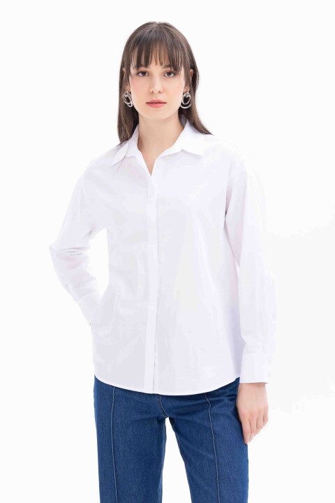 Kadın Düğmeli Uzun Kol Gömlek-Beyaz - Seçil