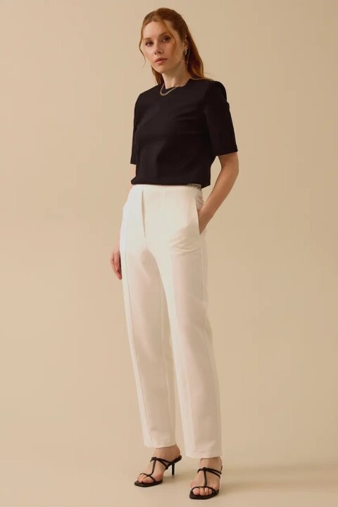 Kadın Elastik Bel Dar Paça Dokuma Kumaş Pantolon - Beyaz 