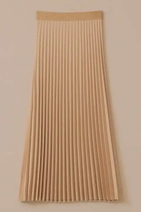 Kadın Elastik Bel Pliseli Etek - Bej - Seçil