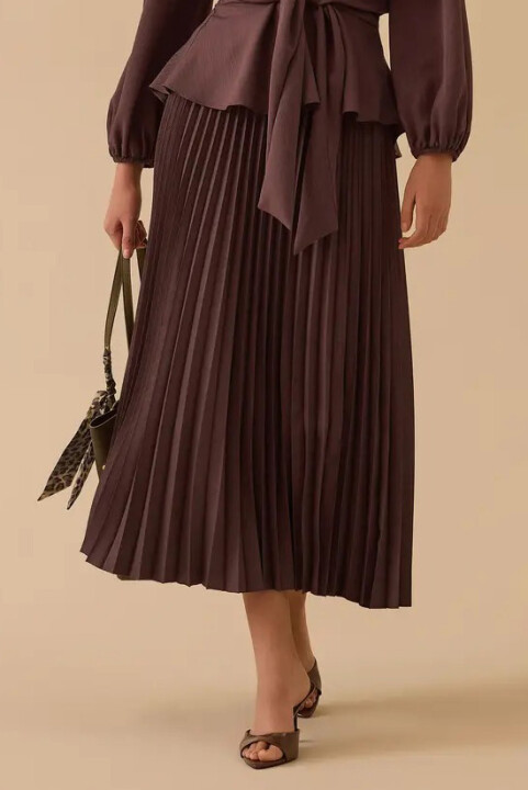 Kadın Elastik Bel Pliseli Etek - Kahverengi - Seçil