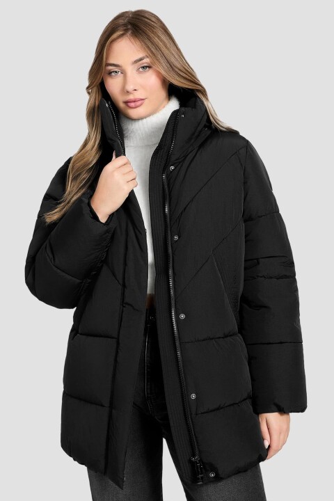 Kadın Eleonor Büzgü Detaylı Kapüşonlu Şişme Mont - Siyah 