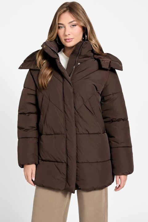 Kadın Eleonor Kapüşonlu Şişme Mont - Kahverengi - Guess