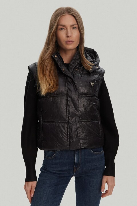 Kadın Ernestine Kapüşonlu Şişme Yelek - Siyah - Guess