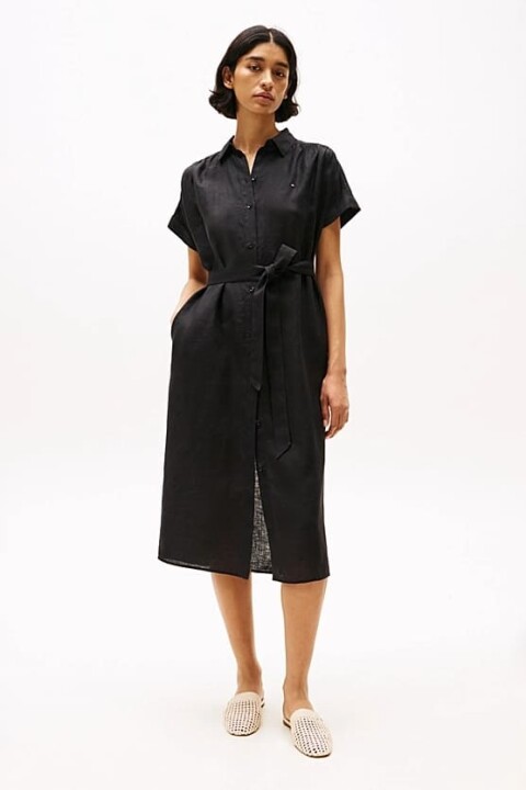 Kadın Ess Linen Midi Elbise - Siyah - Tommy Hilfiger