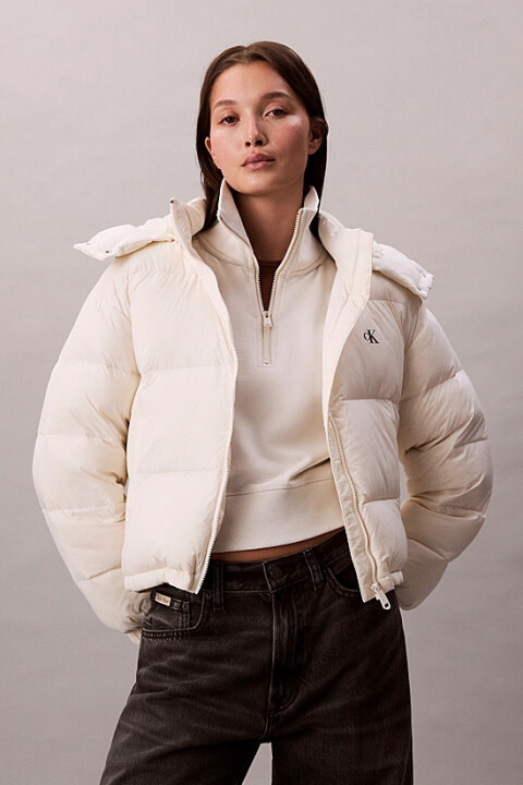 Kadın Essential Midweight Boxy Fit Kapüşonlu Şişme Mont - Kırık Beyaz - Calvin Klein