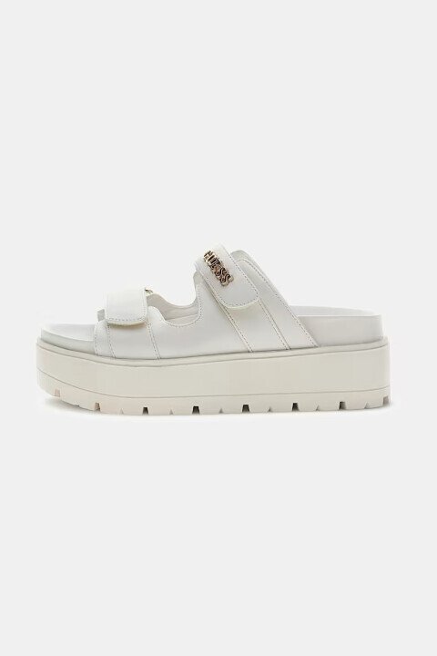 Kadın Faxon Kalın Tabanlı Logolu Cırt Cırtlı Sandalet - Krem 