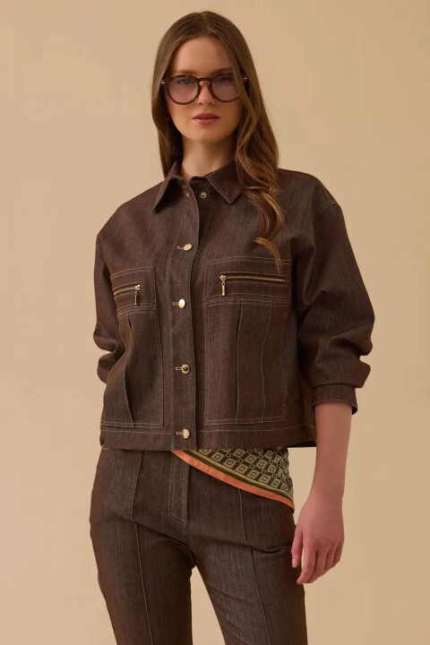 Kadın Fermuar Detaylı Bel Boy Jean Ceket - Kahverengi 