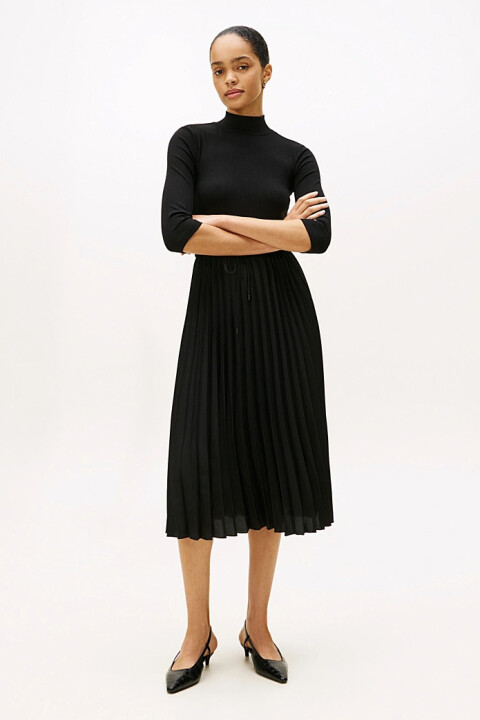 Kadın Fitilli Beli Büzgülü Eteği Piliseli Midi Elbise - Siyah - Tommy Hilfiger