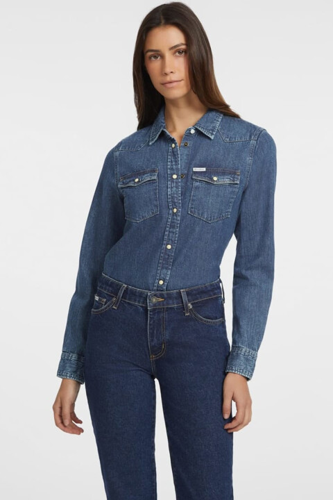 Kadın Gj Slim Uzun Kol Denim Gömlek - Lacivert - Guess