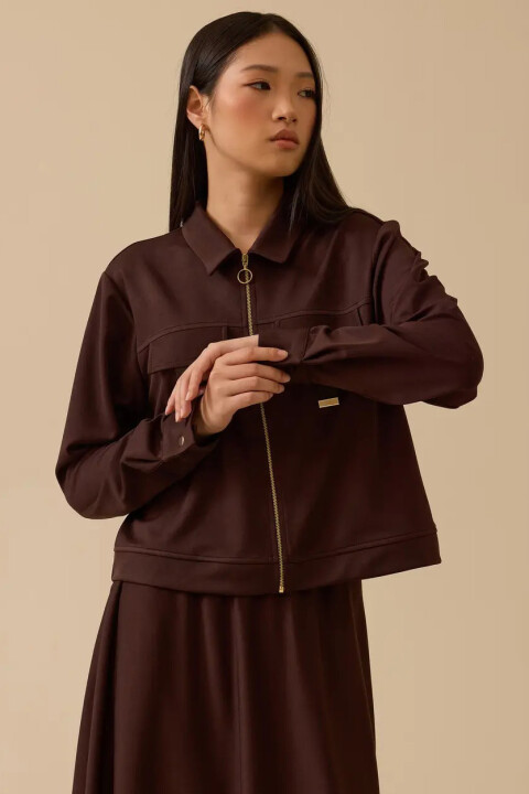 Kadın Göğüs Kuplu Fermuarlı Ceket - Kahverengi - Seçil