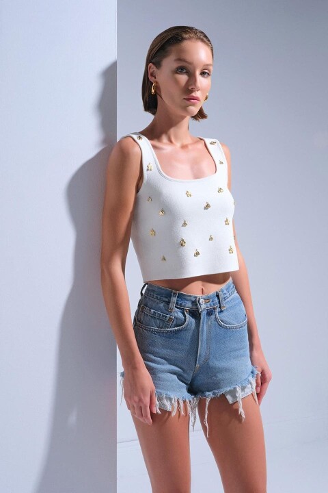 Kadın Gold Aksesuarlı Kare Yaka Crop - Ekru - Join Us