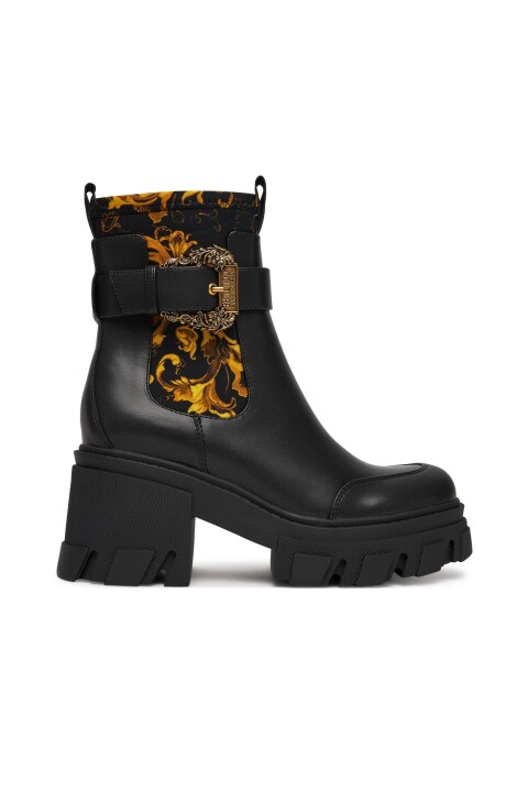 Kadın Gold Toka ve Desenli Elastik Yan Panelli Kalın Tabanlı Bot - Siyah/Gold - Versace