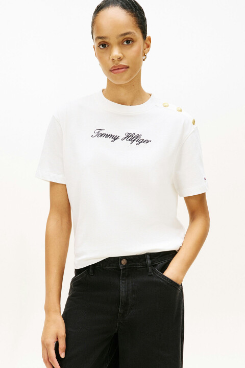 Kadın Gold-Tone Button Script Modern T-Shirt - Ekru 