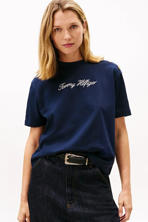 Kadın Gold-Tone Button Script Modern T-Shirt - Lacivert - Tommy Hilfiger