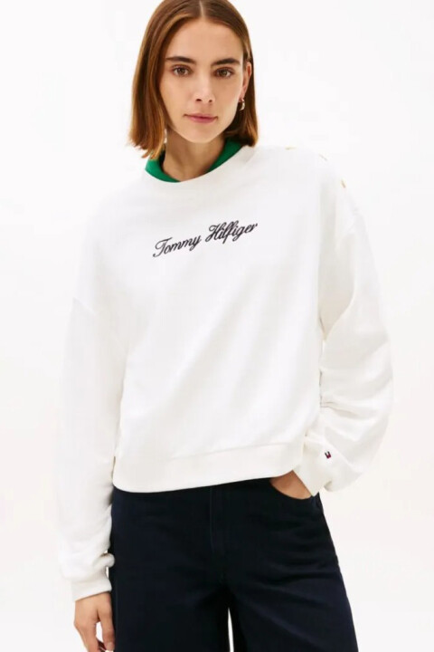 Kadın Gold-Tone Button Script Terry Sweatshirt - Ekru - Tommy Hilfiger
