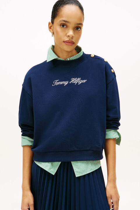 Kadın Gold-Tone Button Script Terry Sweatshirt - Lacivert - Tommy Hilfiger