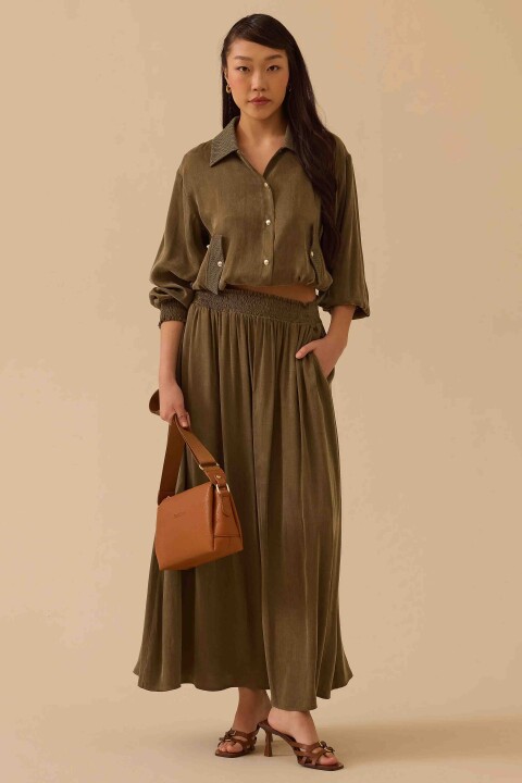 Kadın Gömlek Yaka Bel Boy Ceket - Haki - Seçil