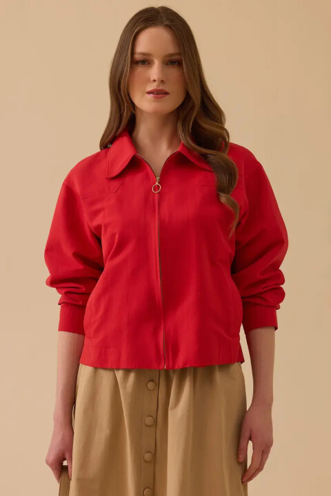 Kadın Gömlek Yaka Fermuarlı Ceket - Kırmızı - Seçil