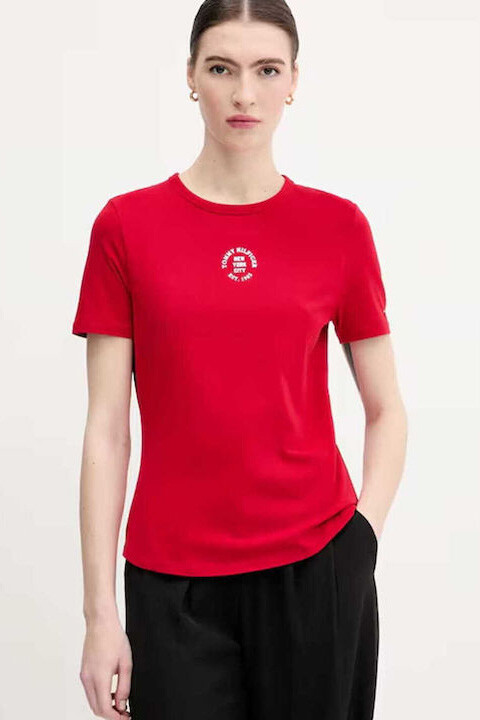 Kadın Grafik Baskılı Bisiklet Yaka T-Shirt - Kırmızı - Tommy Hilfiger