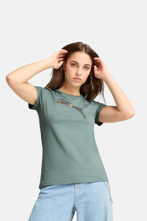 Kadın Graphics Floral Cat Logo Tee T-Shirt - Yeşil 