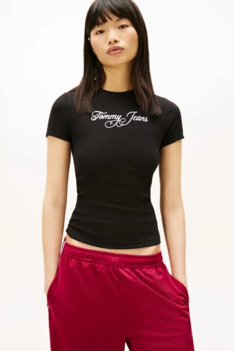 Kadın İmza Yazı Logo Slim T-Shirt - Siyah 