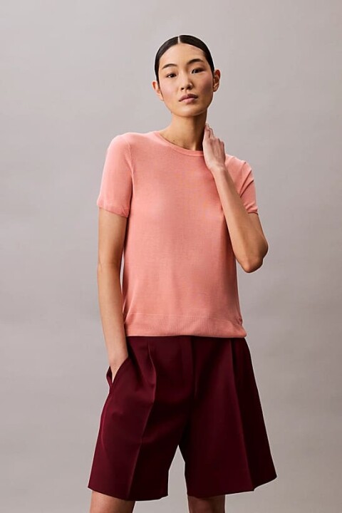 Kadın İnce Dokulu Viskoz Triko T-Shirt - Somon 