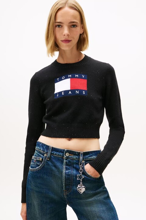 Kadın Işıltılı Büyük Logo Detaylı Kısa Triko Kazak - Siyah - Tommy Hilfiger