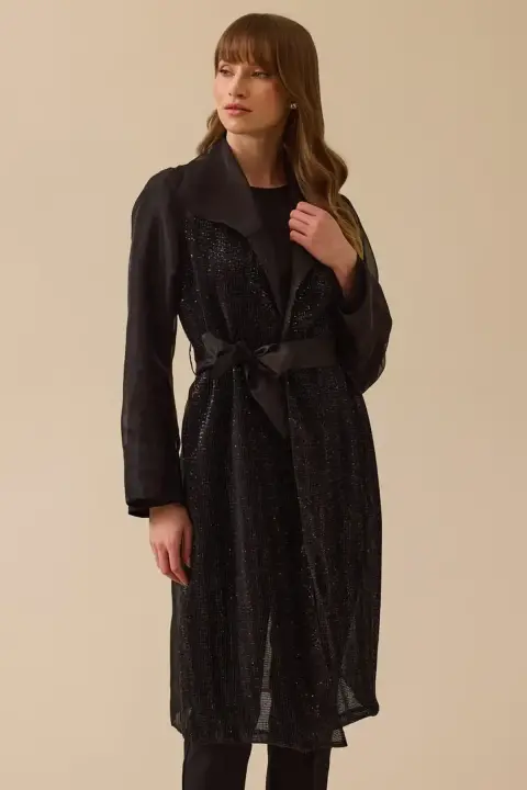 Kadın Işıltılı İç Bluzlu Transparan Takım - Siyah 